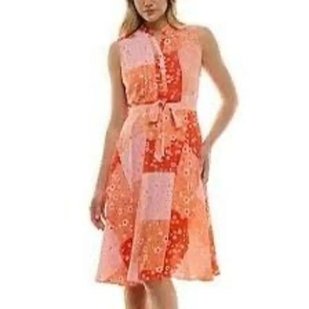 Nanette Lepore 8 Sleeveless Belted Shirt Dress Orange Patchwork Floral Chiffon